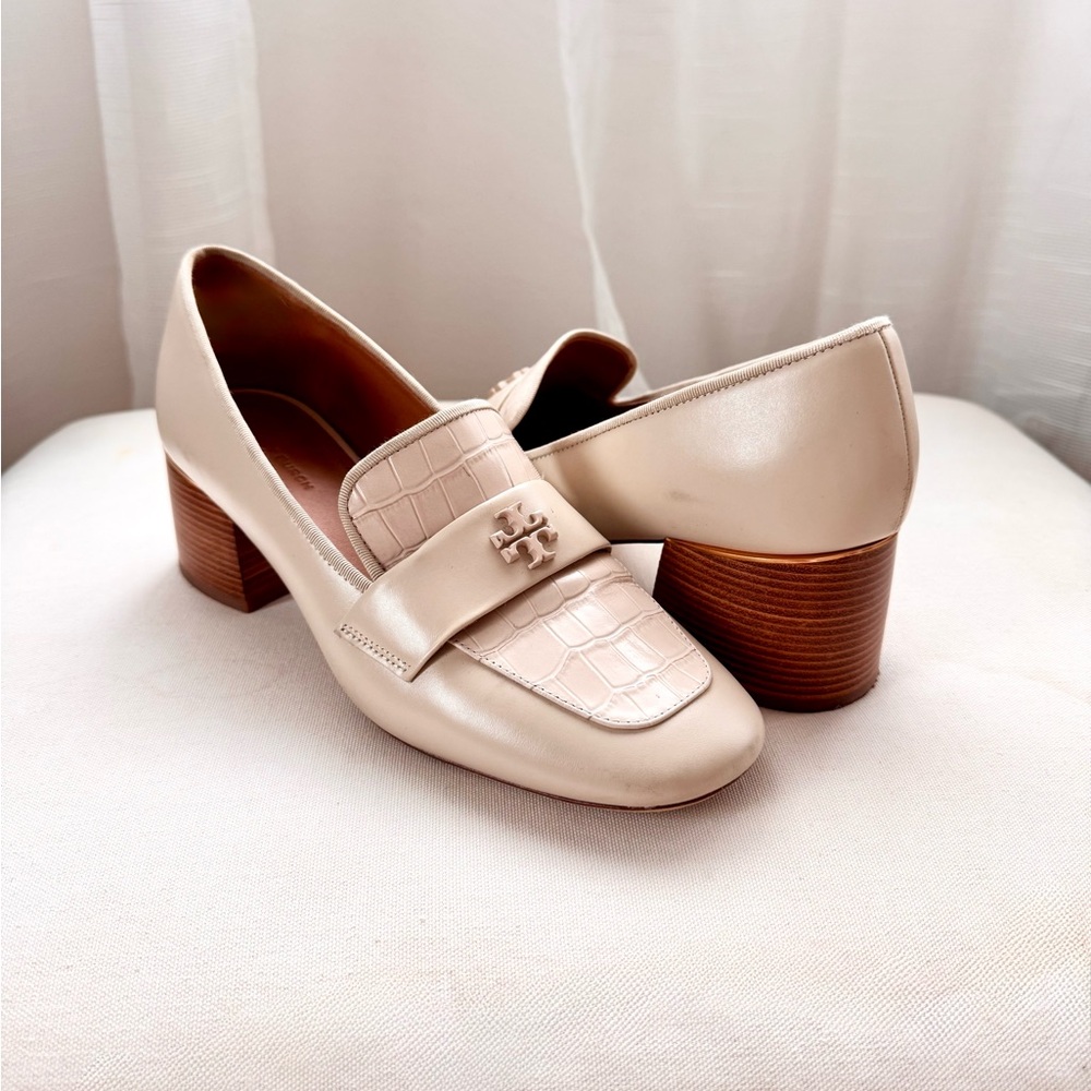 Tory Burch Everly 55mm Women 9 Loafers Cream Embossed Croc Leather Block Heel